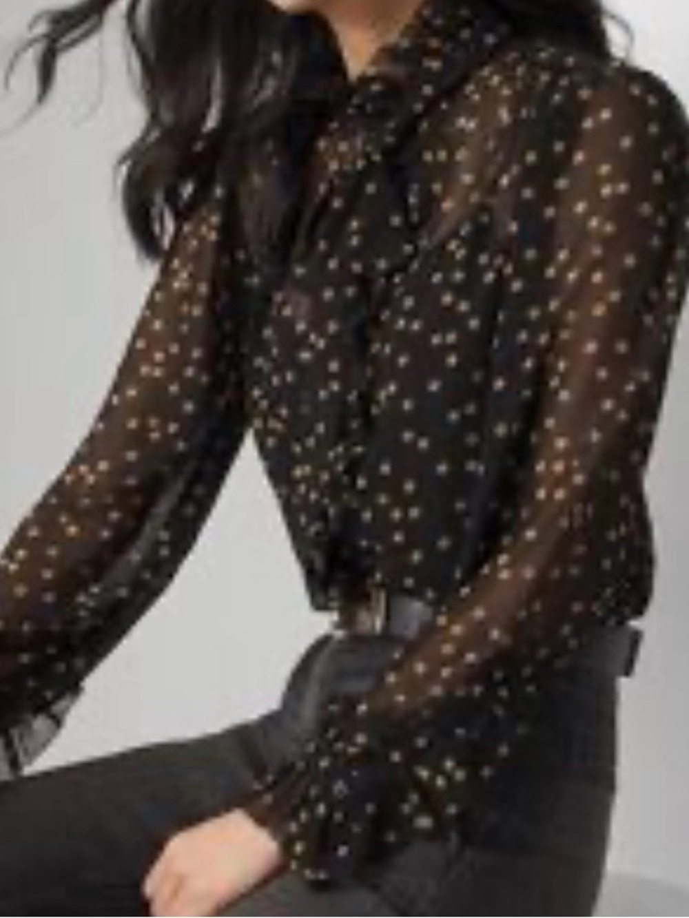 WHBM Chiffon Black Blouse with Tan Polka Dots and removable Tie Neck sz Medium